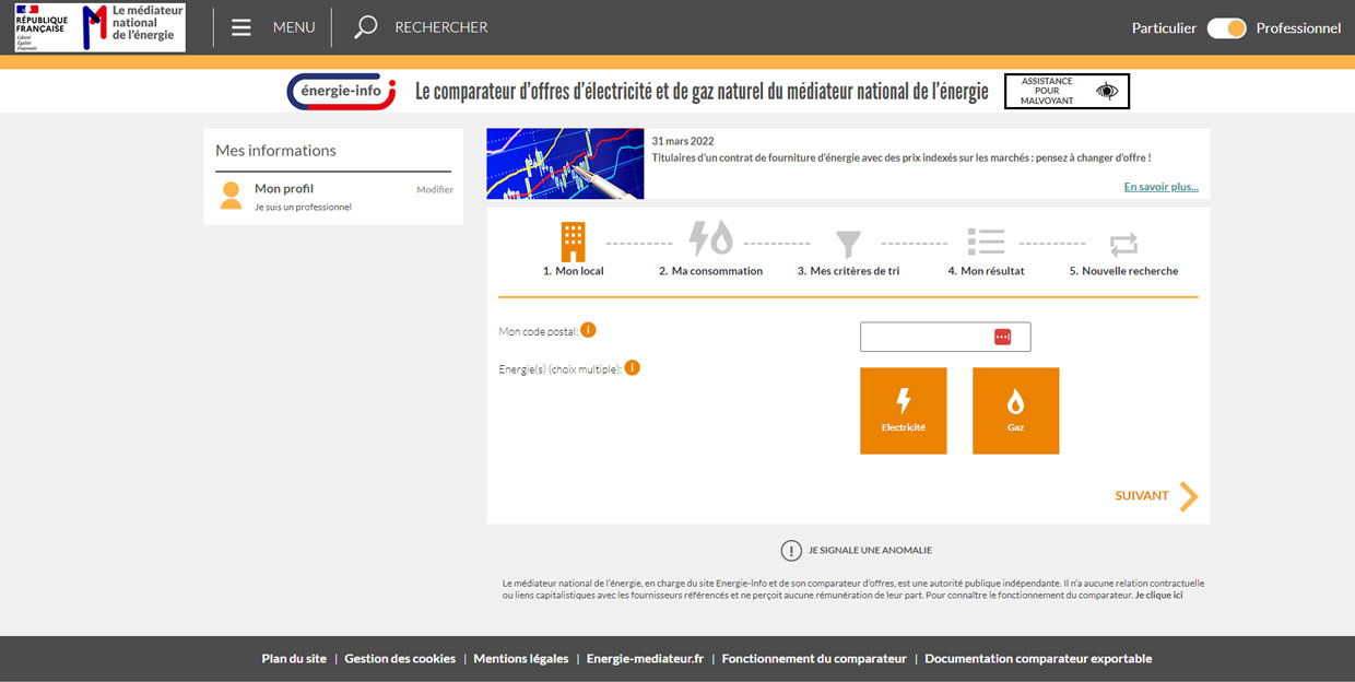 Comparateur d’offres d’énergie du médiateur national de l’énergie